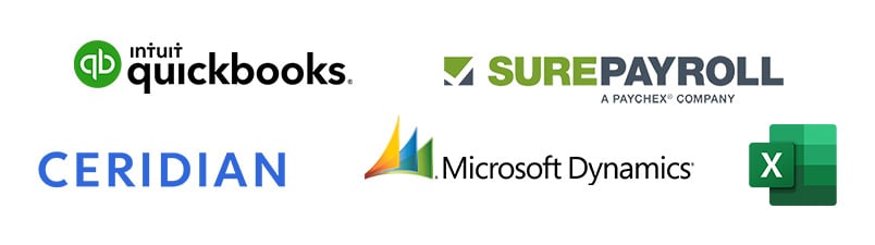 Intuit Quickbooks SurePayroll Ceridian Microsoft Dynamics Excel
